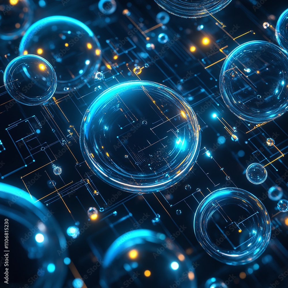 Poster abstract digital bubbles with glowing lights and energetic background for technology and science the