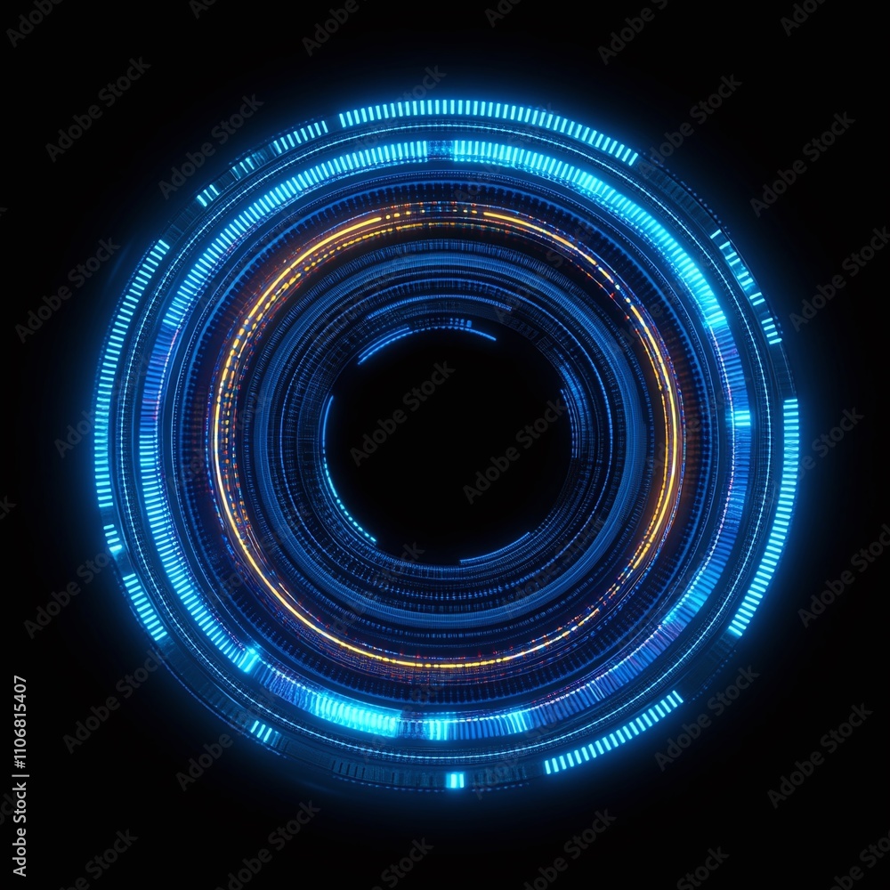 Poster abstract digital circular design with bright blue and orange elements creating a futuristic look