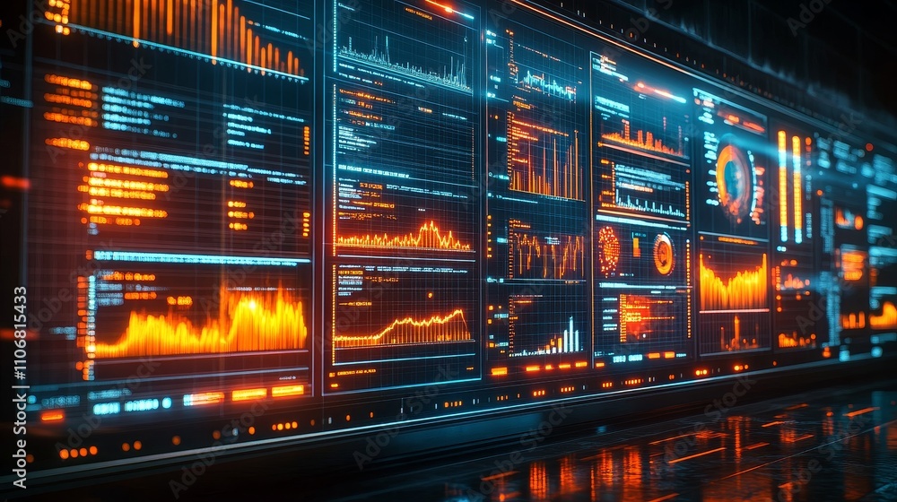 Poster abstract data visualization with glowing lines and graphs