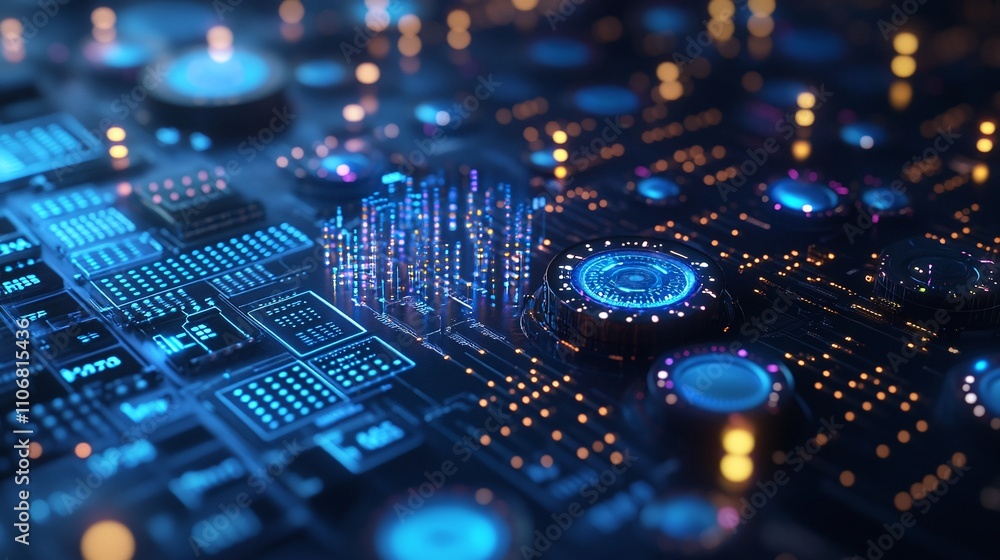 Poster abstract digital circuit board with glowing lights and complex data visualization in blue and orange