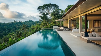 Fototapeta premium Luxury Villa with Infinity Pool Overlooking Lush Tropical Landscape: A stunning infinity pool seamlessly blends with the horizon, offering breathtaking views of the verdant jungle and dramatic sky.