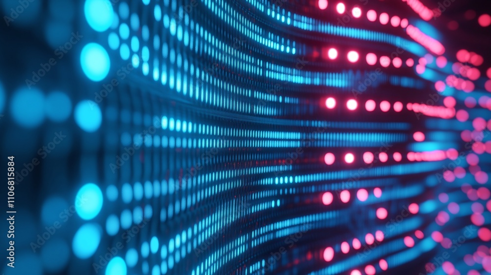 Poster abstract digital waves of light with blue and red dots creating a vivid background for technology co