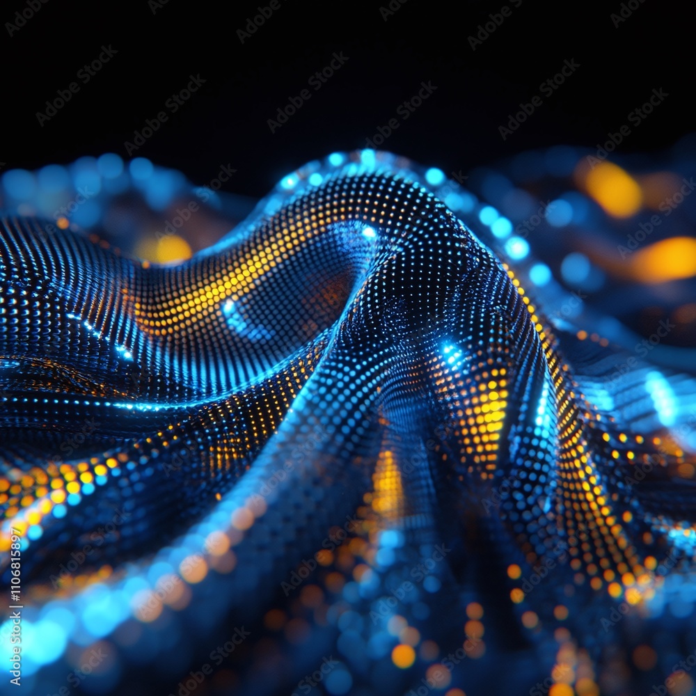Poster abstract digital waves with blue and orange lights creating a dynamic flow in a dark background