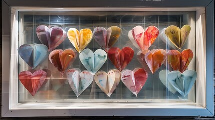 Heart shaped papers displayed in a glass frame
