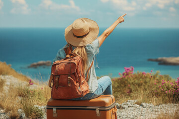 Woman sitting on suitcase, arms raised in victory, smiles broadly in busy airport terminal. referencedColumnNamePassport in hand, ready for adventure.