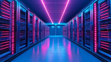 Fototapeta premium Rows of Servers in a Modern Data Center with Pink and Blue Neon Lighting