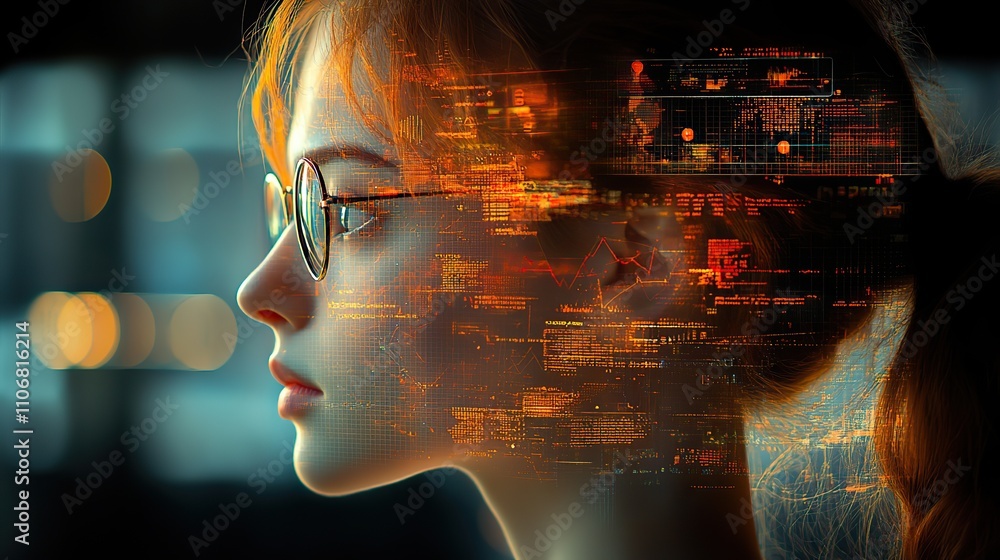 Poster a double exposure of an ai woman's silhouette filled with digital charts and graphs symbolizes the i