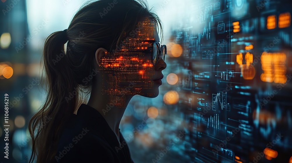 Poster a double exposure of an ai woman's silhouette filled with digital charts and graphs symbolizes the i