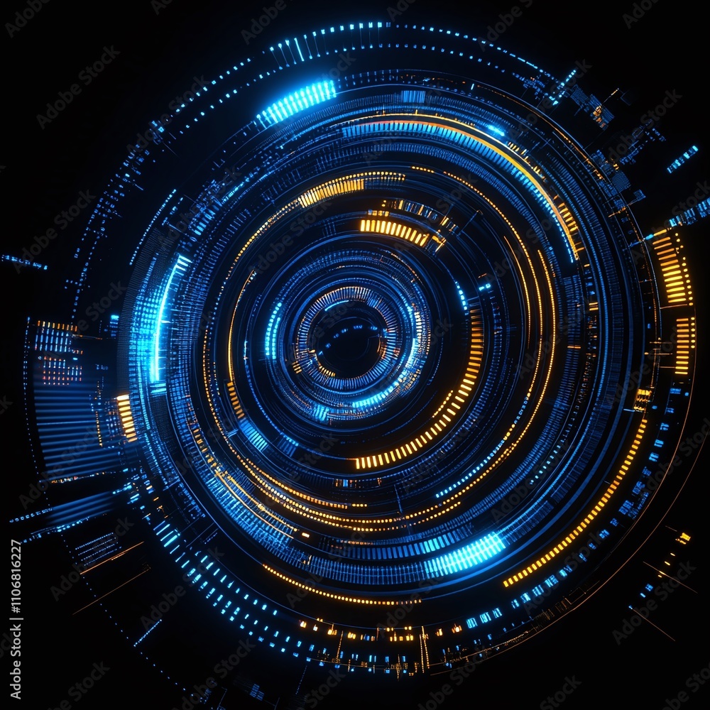 Poster abstract futuristic circular technology background with glowing blue and orange lines and dots in a 