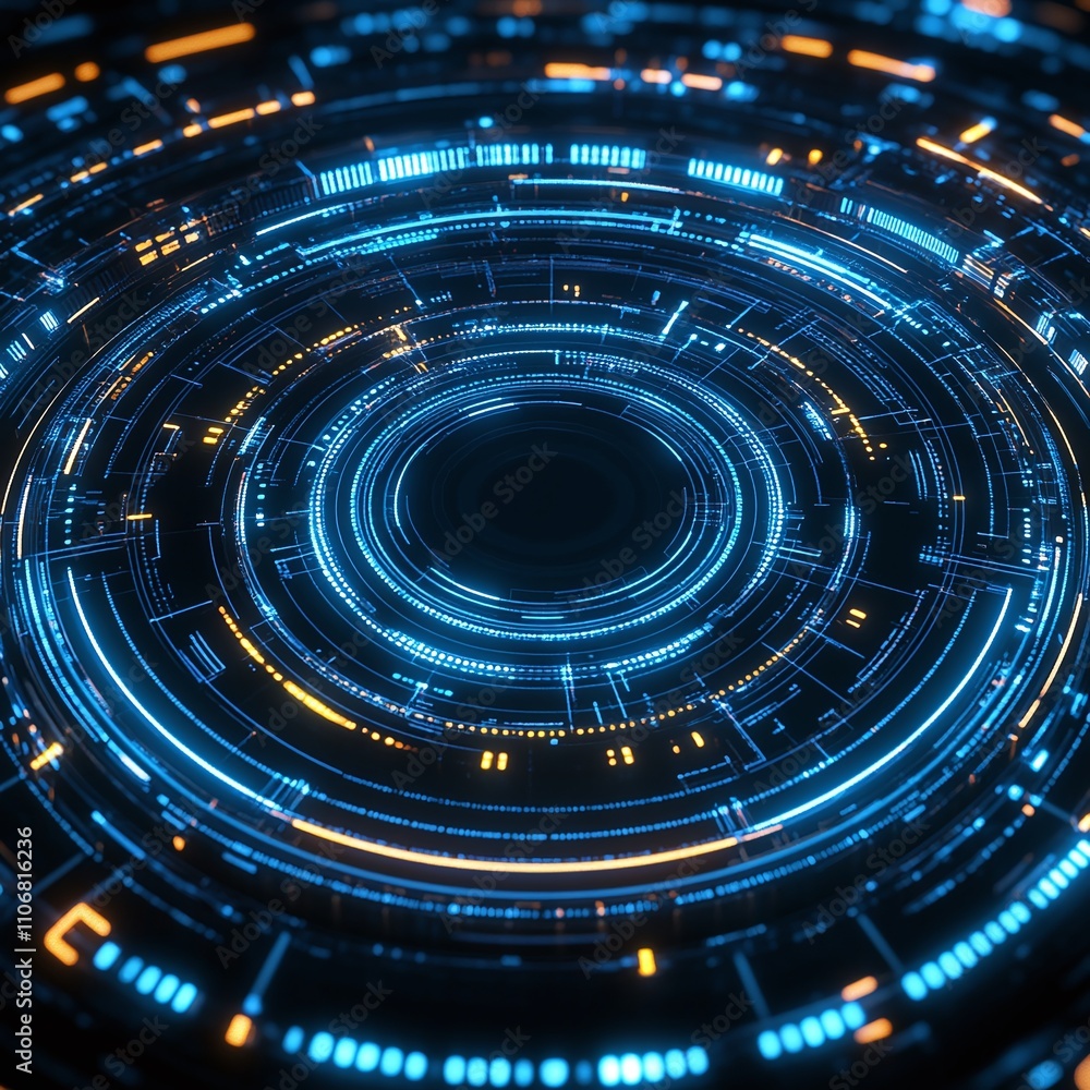 Poster abstract futuristic circular digital data visualization with vibrant neon lights and intricate techn