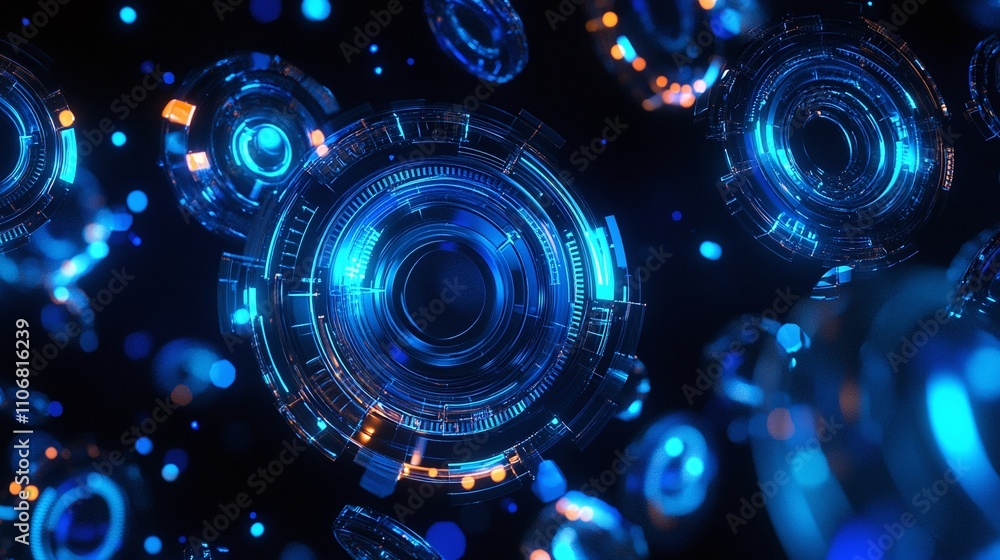Aufkleber abstract futuristic design featuring glowing blue circular shapes with digital patterns and lighting