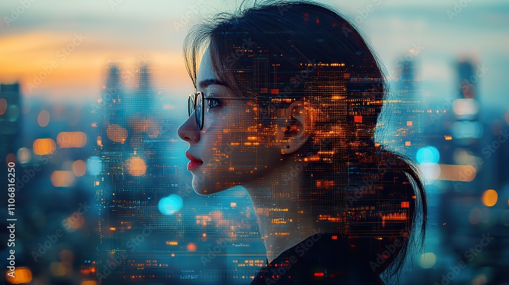 Poster a double exposure of an ai woman's silhouette filled with digital charts and graphs symbolizes the i
