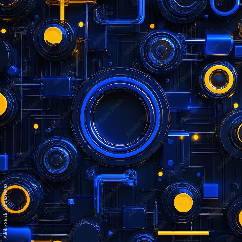 Poster abstract futuristic design featuring vibrant blue and yellow circular patterns and intricate lines o