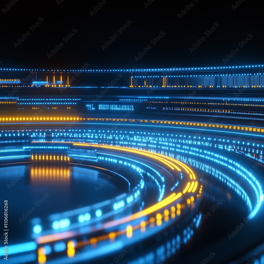 Poster abstract futuristic design with glowing blue and orange lines in a circular pattern on a dark backgr