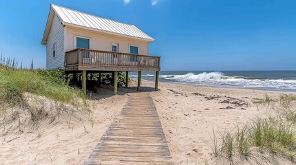 Obraz premium Beachfront Cottage Ocean View Wooden Walkway Coastal Dunes Summer Vacation