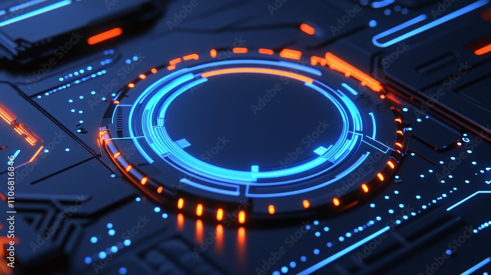 Poster abstract futuristic technology background with glowing circular elements and intricate circuit patte