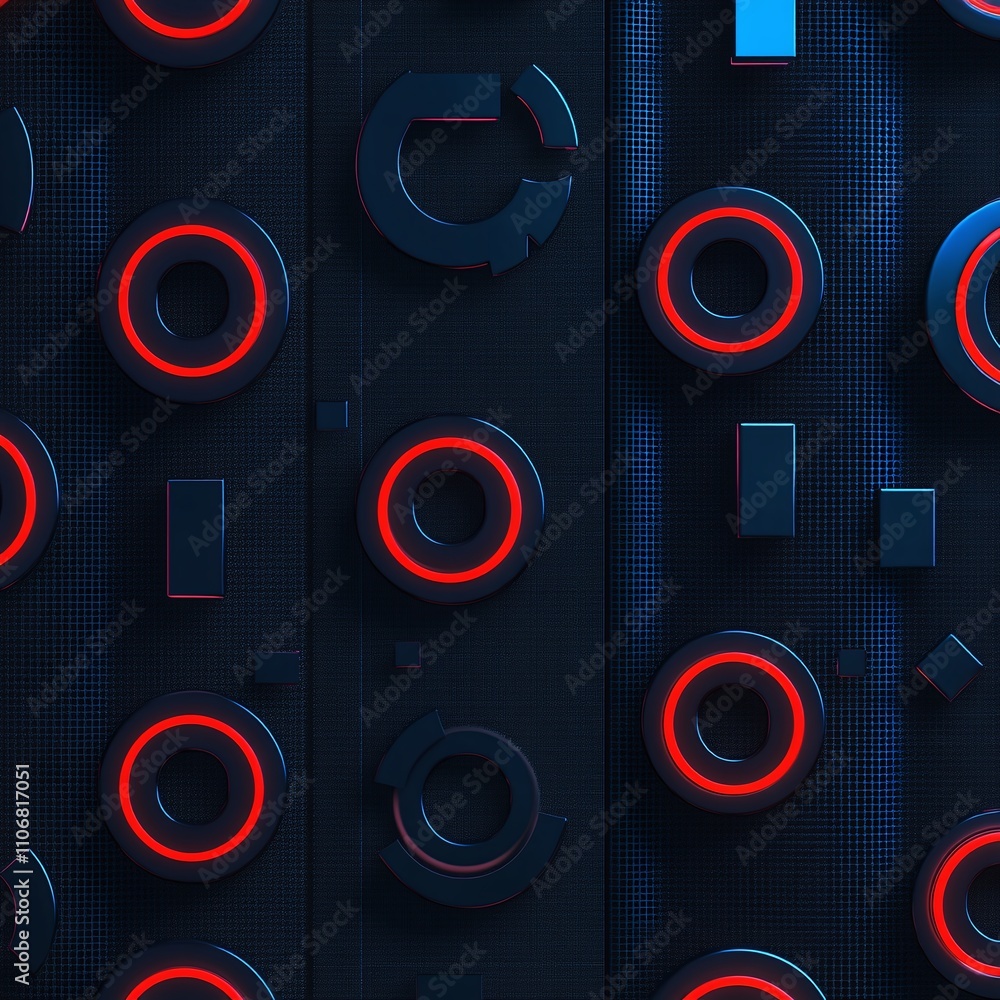 Poster abstract geometric background with neon circular patterns in blue and red colors for digital design 
