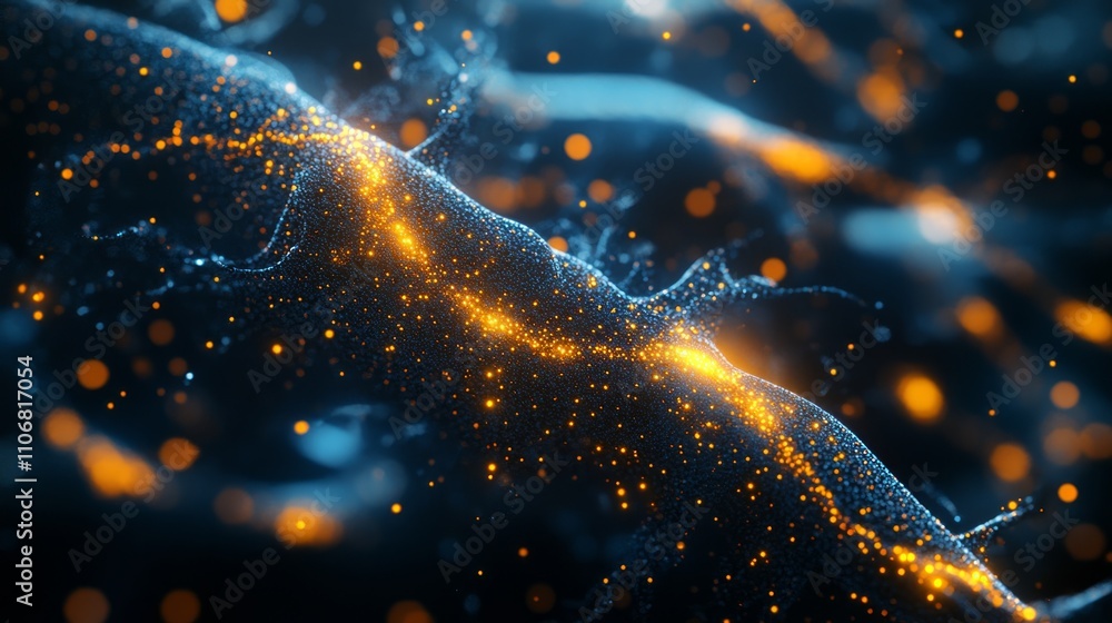 Poster abstract glowing particles forming a dynamic wave-like pattern in blue and orange hues.