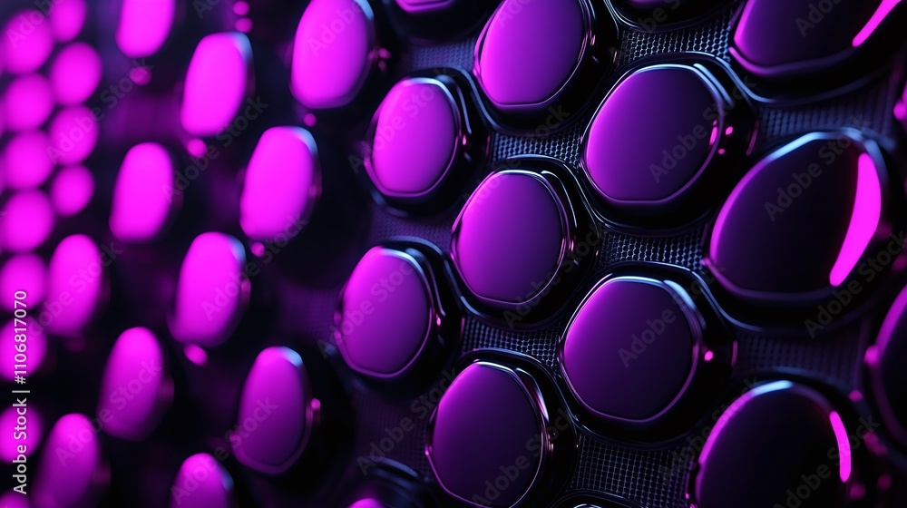 Poster abstract geometric pattern with shining glossy bubbles in vibrant purple and black color scheme