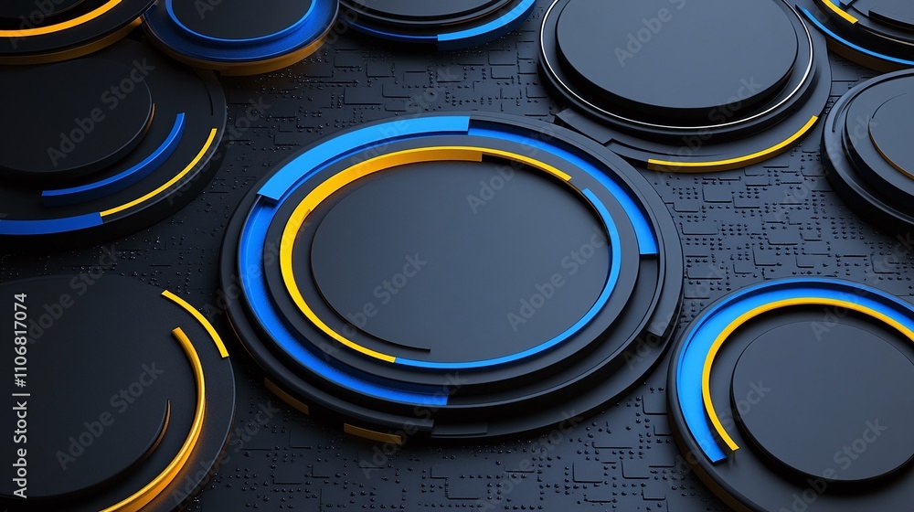 Poster abstract geometric shapes in black and blue with circular elements and modern design features