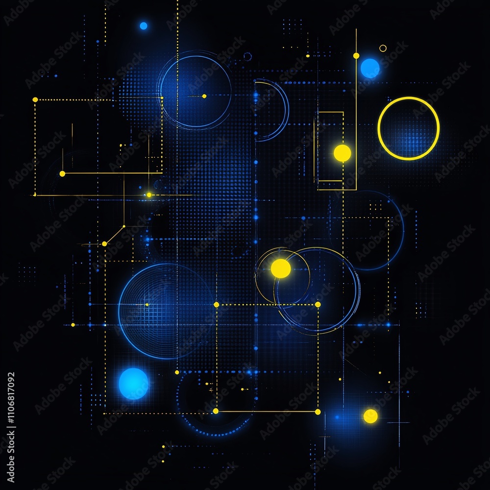 Poster abstract geometric shapes with glowing circles and lines in blue and yellow on dark background