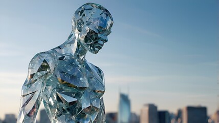 A man made of glass and crystal is standing in front of a city skyline.