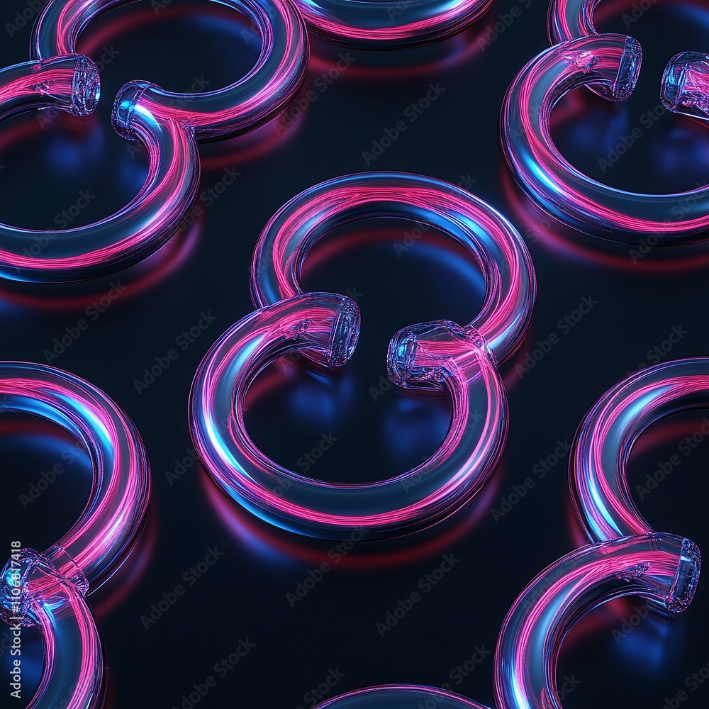 Poster abstract glowing neon rings arranged in a visually striking pattern on a dark background