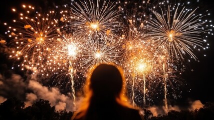 A silhouette watches vibrant fireworks lighting up the night sky.