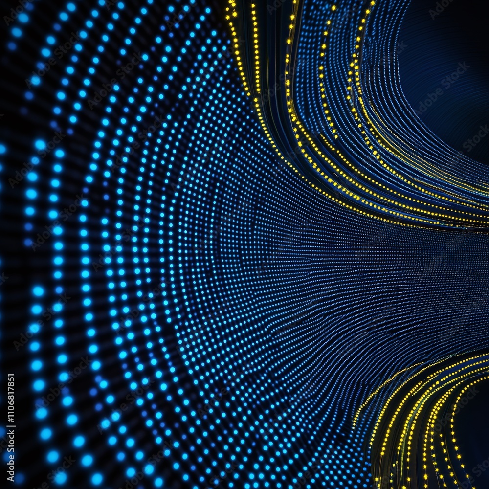 Poster abstract light wave pattern with blue and yellow dots creating a dynamic flowing movement in digital