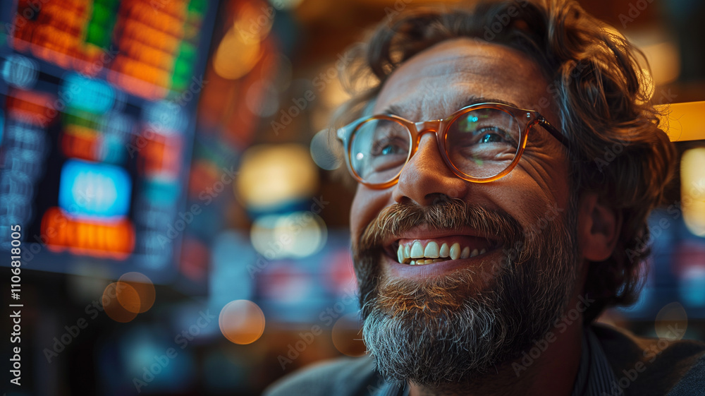 Poster a man with glasses is smiling and looking at a screen with a lot of numbers. he seems to be enjoying