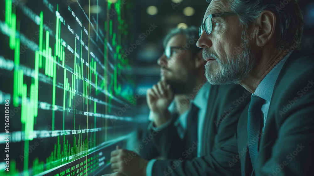 Poster two men in suits are looking at a computer screen with green numbers. they are likely analyzing fina