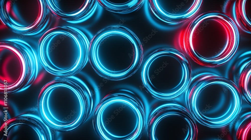 Poster abstract neon circles with glowing blue and red light on black background creating a digital technol