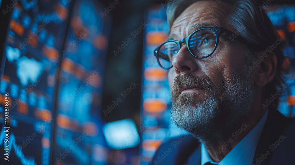 Poster a man in a suit is looking at a computer screen with a lot of numbers and graphs. he is focused and 