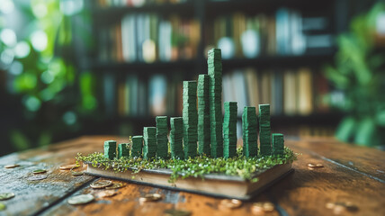 A stack of green blocks on top of a book. The blocks are arranged in a way that resembles a city skyline. The book is open to a page with coins scattered around it
