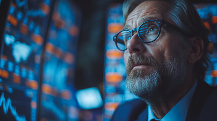 A man in a suit is looking at a computer screen with a lot of numbers and graphs. He is focused and serious, possibly analyzing data or making a decision