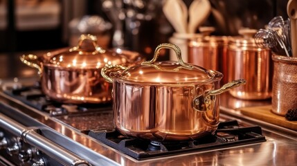 Copper pots and pans in elegant kitchen with warm lighting and cozy atmosphere