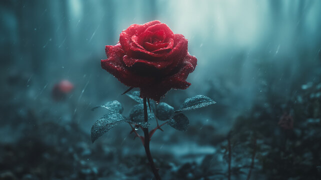 A red rose is the main focus of the image, with its petals glistening in the rain. Scene is serene and peaceful, as the rose stands out against the backdrop of the wet forest