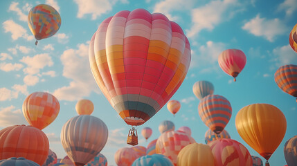 Obraz premium Colorful Hot Air Balloons Festival: A breathtaking view of numerous vibrantly colored hot air balloons gracefully floating against a serene, sunny sky. Captivating scene of a hot air balloon festival.