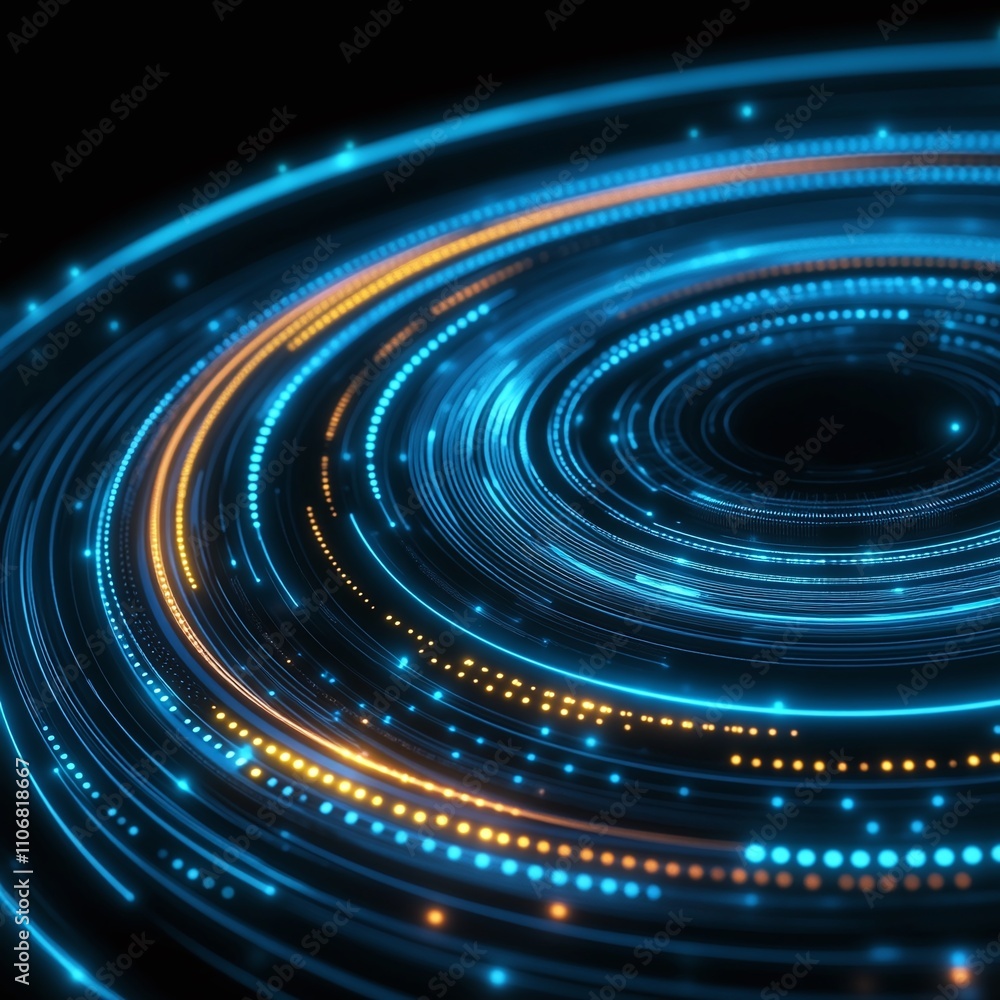 Poster abstract swirling light patterns with blue and orange glowing dots on a dark background for creative