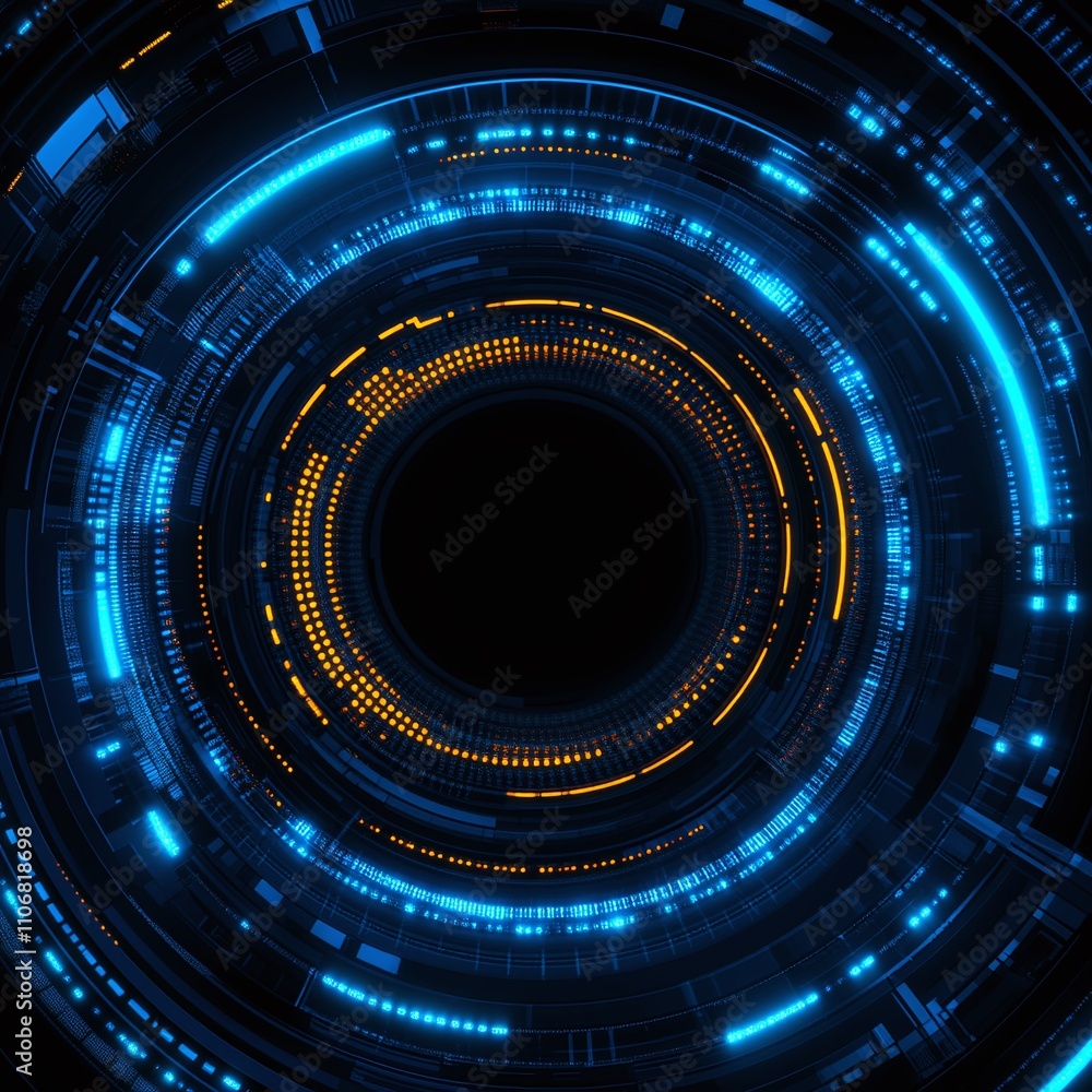 Poster abstract tech background with circular patterns in blue and orange light effects creating a futurist