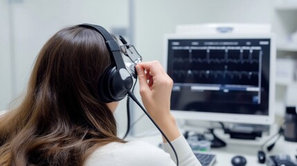 A clinical audiologist conducting hearing tests in an audiology clinic, with audiometric testing equipment and hearing assessment room visible, Audiology assessment style