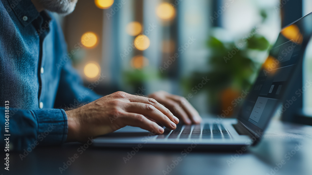 Aufkleber a man is typing on a laptop computer. concept of productivity and focus, as the man is engaged in a 