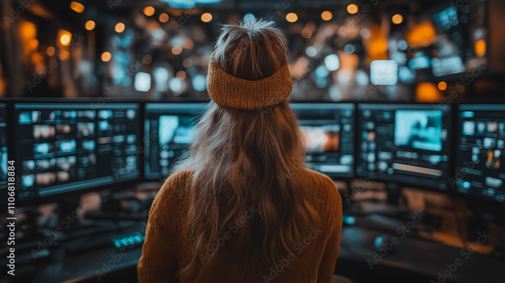 Poster a woman is sitting in front of a computer monitor with a brown sweater on. she is looking at the scr