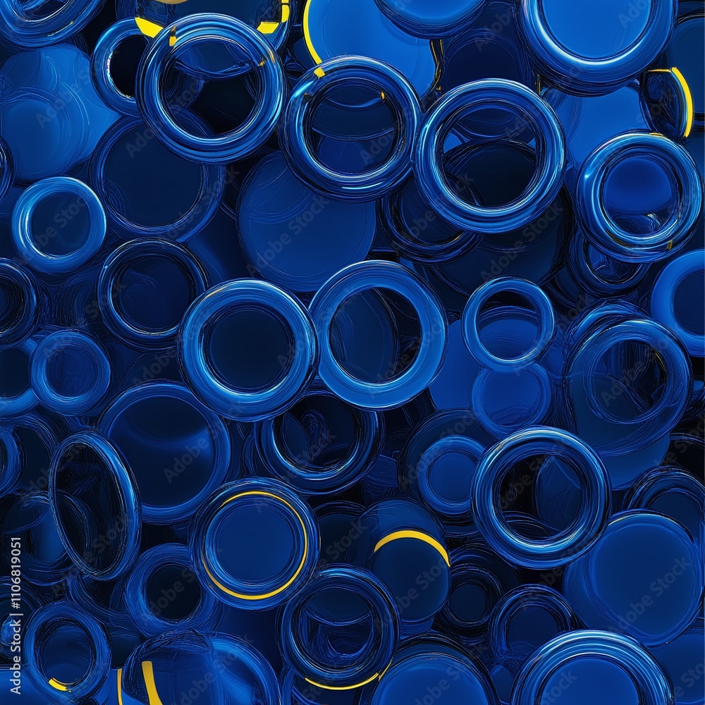 Poster blue circles and rings in a vibrant and abstract composition with varying sizes and transparent effe