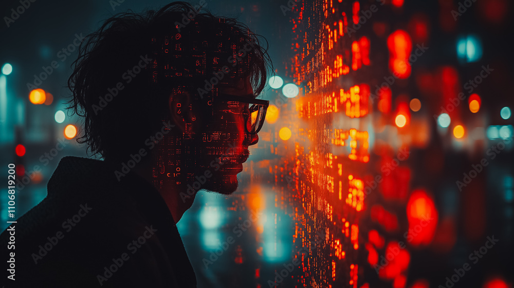 Poster a man is looking at a computer screen with a lot of numbers on it. the image has a futuristic and te