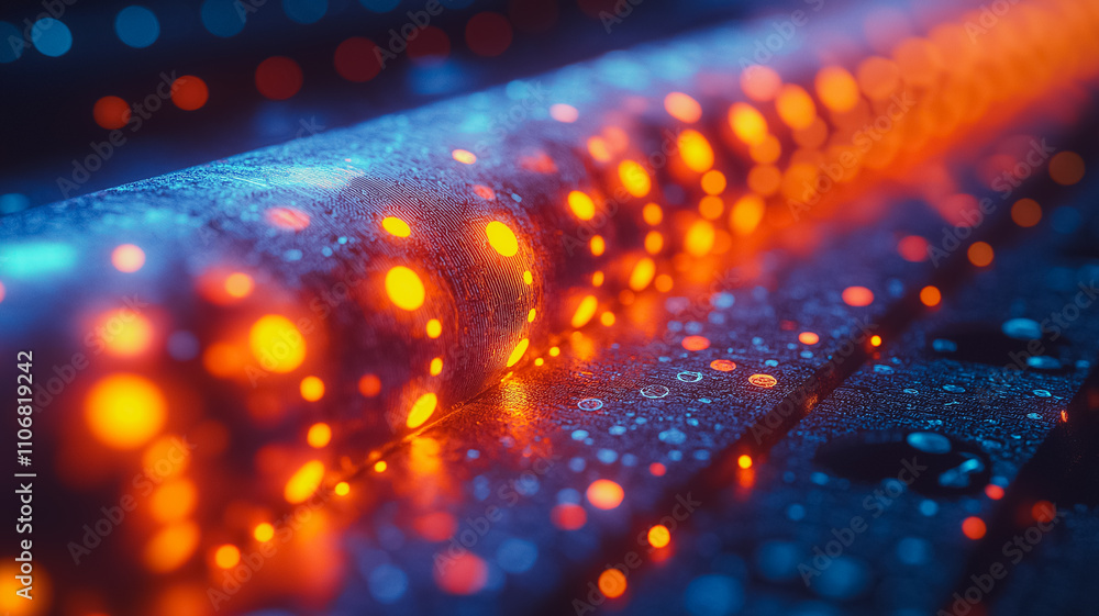 Aufkleber a blurry image of a glowing line with many dots. the image has a futuristic and abstract feel to it