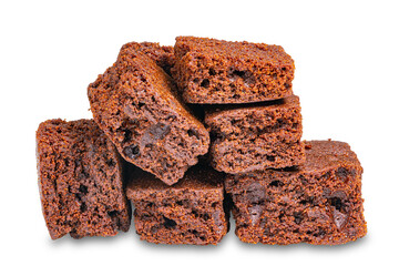 Pile of sweet chocolate crispy brownie cube isolated on white background with clipping path.