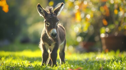 Little donkey playing in a garden filled with grass and sunshine