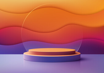 3D Podium Stage with Transparent Glass Circle on Purple Floor Against Orange and Purple Wall for Product Display and Mockup