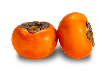 Closeup view of ripe Persimmon fruit, Diospyros kaki, Chinese Persimmon, Japanese Persimmon, isolated on white background with clipping path
